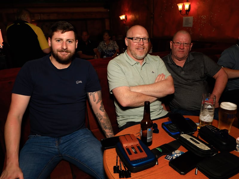 Gordon Fahey with from right, Dominic Begley and Paddy McGuinness at the Darts Competition, in Aid of Hope Camp held in Peoples' Bar, Claudy