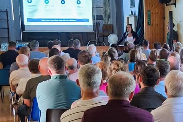 Ruth Cormican, member of the Coxtown Protection Committee, speaking at a packed public meeting in Killalaghton Hall last Sunday