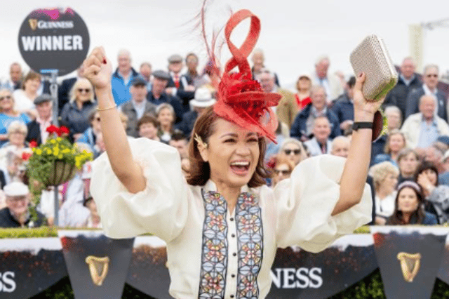 Maritess McCarthy from Douglas in Cork celebrating her Best Dressed Galway Races win in 2023