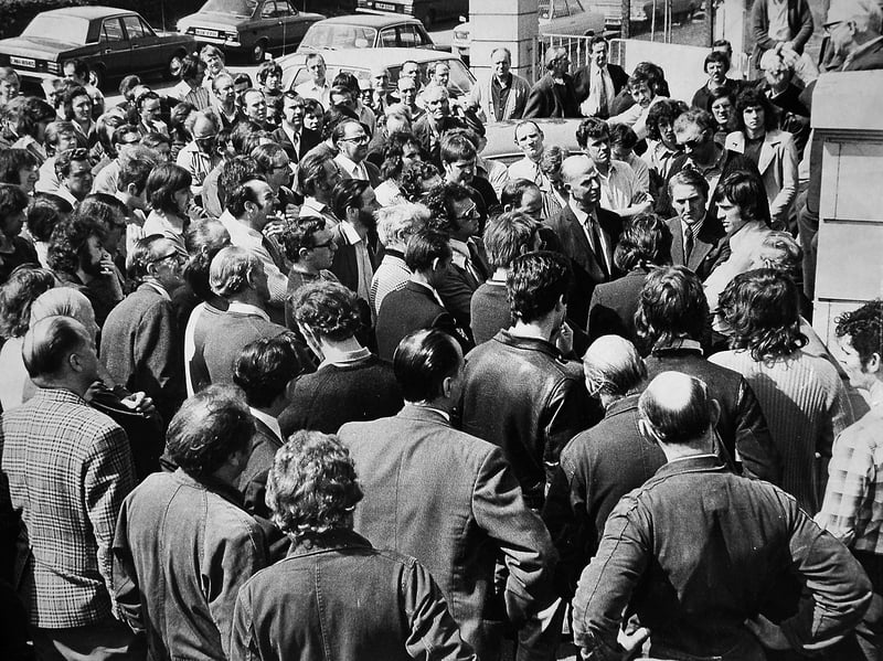 Factories like Shrewsbury Tool and Die employed generations of local people. This 1975 photograph shows workers gathered at a mass meeting during an industrial dispute that became one of the town's biggest news stories of the year. Do you recognise anyone pictured?
