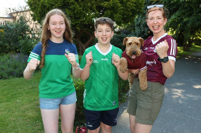 Cllr Maria Donoghue and Poppy the dog cheering on Galway with her children, Alex and Ben Donoghue Corbett cheering on Limerick