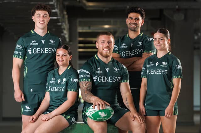 Connacht players model the new Connacht Rugby jersey for the upcoming season.