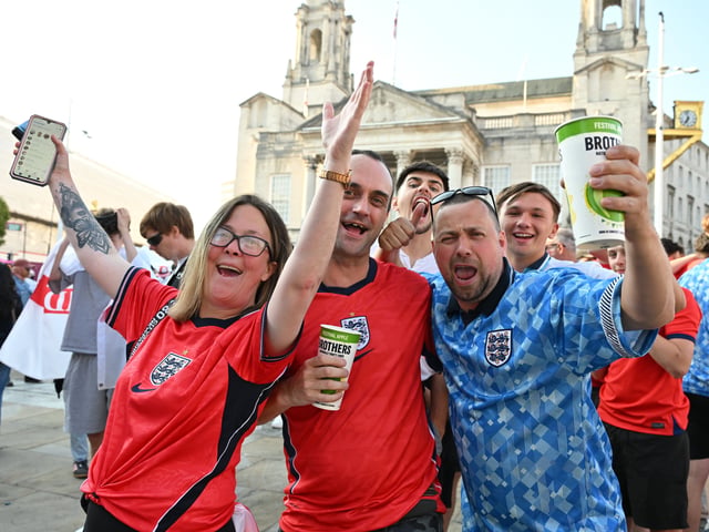 England fans in Millennium Square during the screening of England v Argentina World Cup semi final.