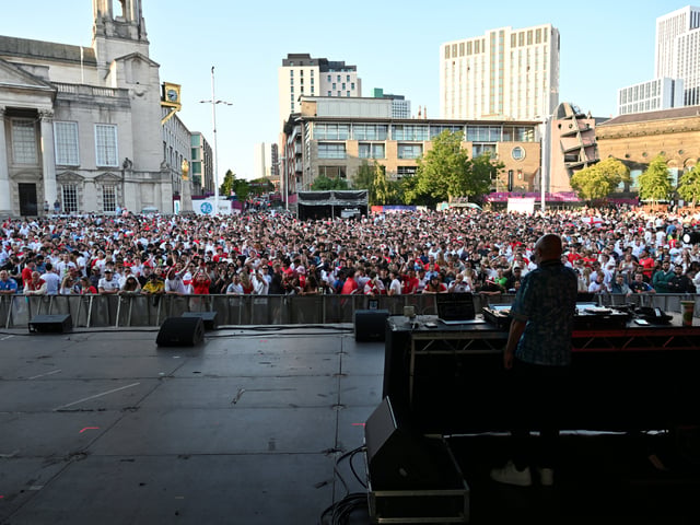 England fans in Millennium Square during the screening of England v Argentina World Cup semi final.
