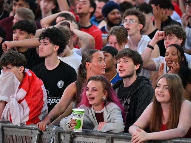 England fans in Millennium Square during the screening of England v Argentina World Cup semi final.
