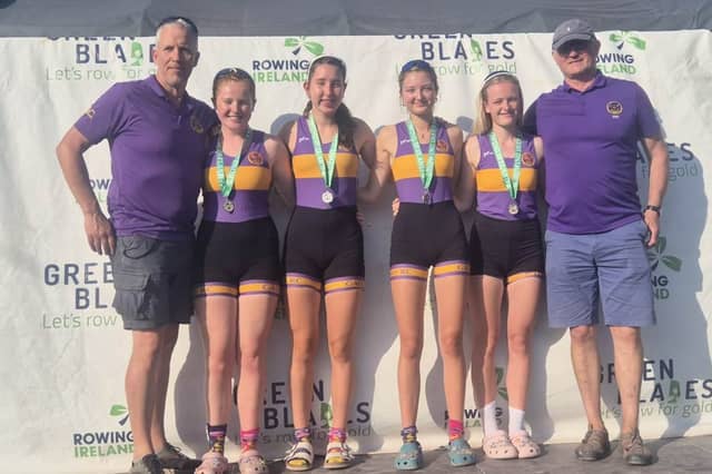 The Galway RC Junior 18 Four crew which won silver, from left: Noel Stapleton (coach), Ciara McMorrow, Lily Couturier, Beatrice Kelly, Laura Carolan , and Tom Elwood (coach).