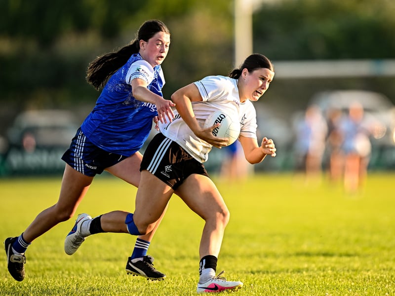 Catherine Murphy of Kildare in action against Aoife Rogers of Cavan during the 2026 AirNav Ireland All-Ireland U-16 A Championship final match between Cavan and Kildare at Páirc Chiarain in Westmeath. Photo by Seb Daly/Sportsfile