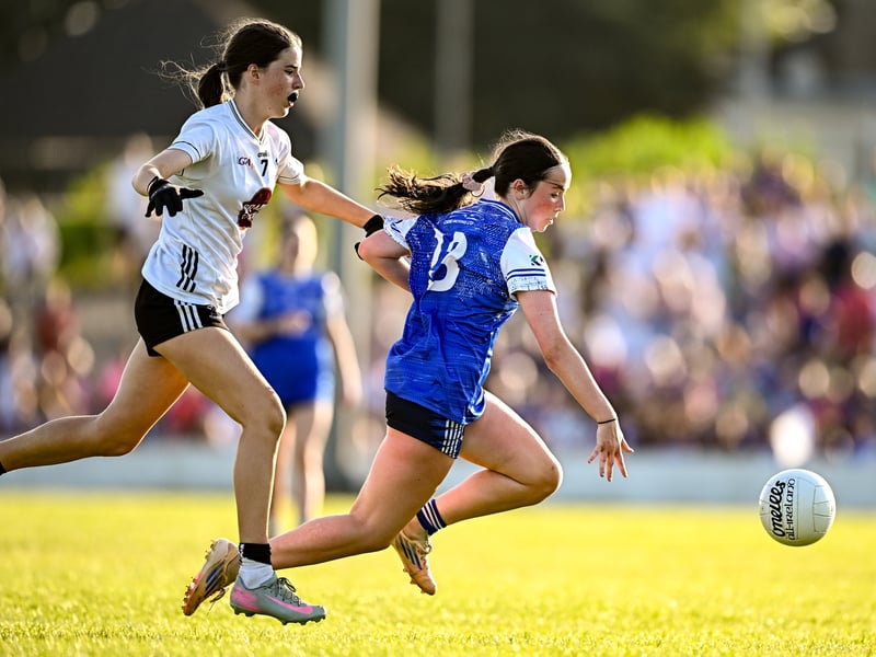 Ellie Reilly of Cavan in action against Doireann Lanigan of Kildare during the 2026 AirNav Ireland All-Ireland U-16 A Championship final match between Cavan and Kildare at Páirc Chiarain in Westmeath. Photo by Seb Daly/Sportsfile