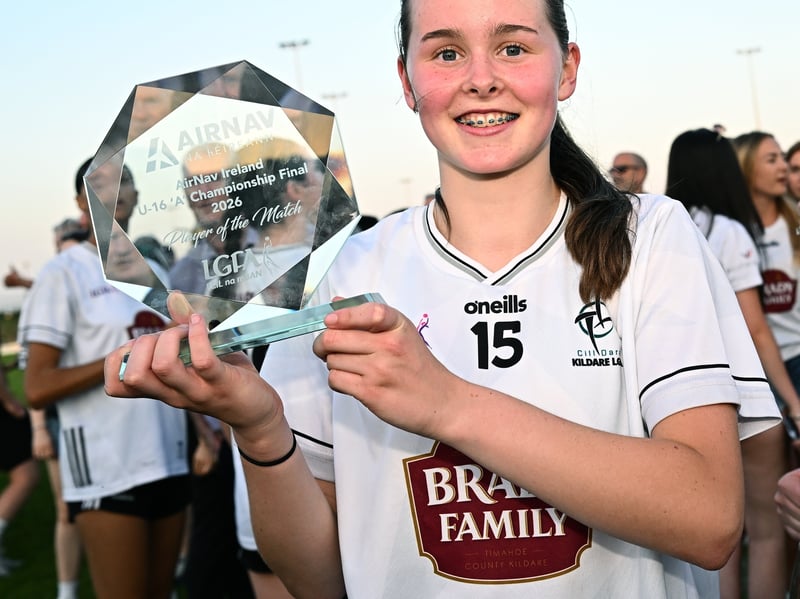 Player of the Match Kildare's Anna Dillon with her award after the 2026 AirNav Ireland All-Ireland U-16 A Championship final match between Cavan and Kildare at Páirc Chiarain in Westmeath. Photo by Seb Daly/Sportsfile 