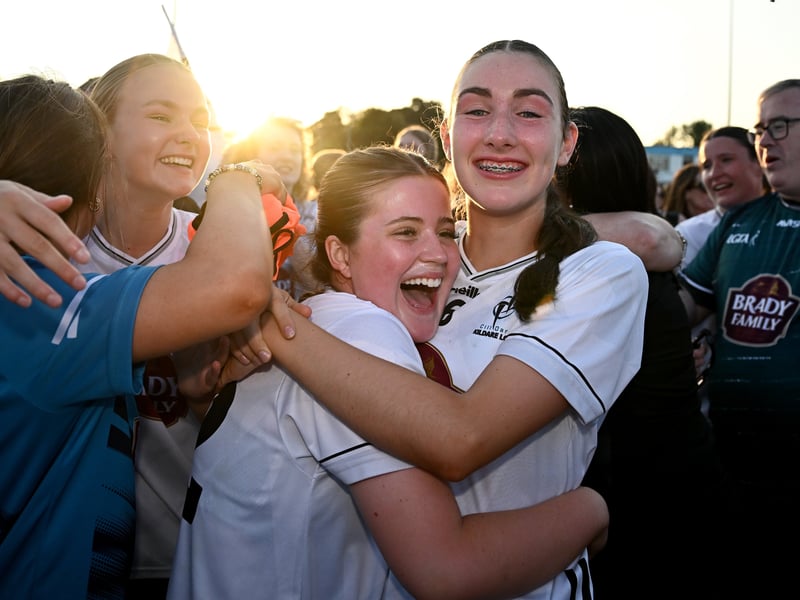 Kildare players Caoimhe Costello and Sarianna Hannick celebrate after their side's victory in the 2026 AirNav Ireland All-Ireland U-16 A Championship final match between Cavan and Kildare at Páirc Chiarain in Westmeath. Photo by Seb Daly/Sportsfile