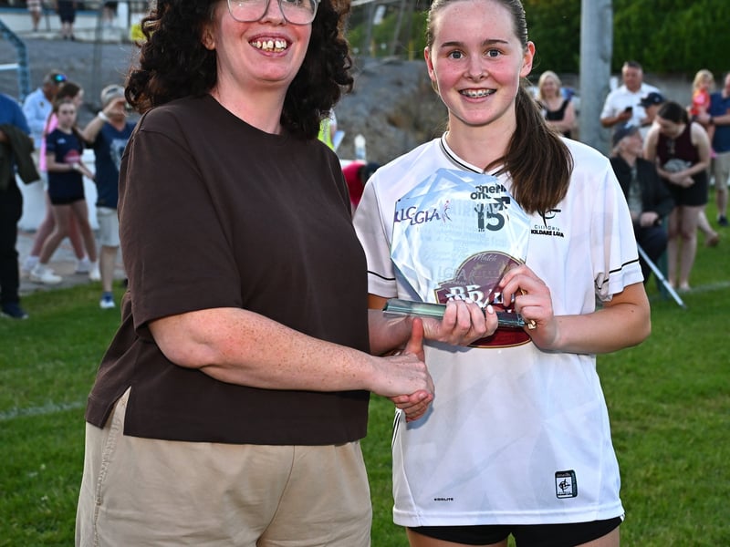 Anna Dillon of Kildare receives the Player of the Match award from Deirdre Forrest, Communications Manager at AirNav Ireland, after the 2026 AirNav Ireland All-Ireland U-16 A Championship final match between Cavan and Kildare at Páirc Chiarain in Westmeath. Photo by Seb Daly/Sportsfile 