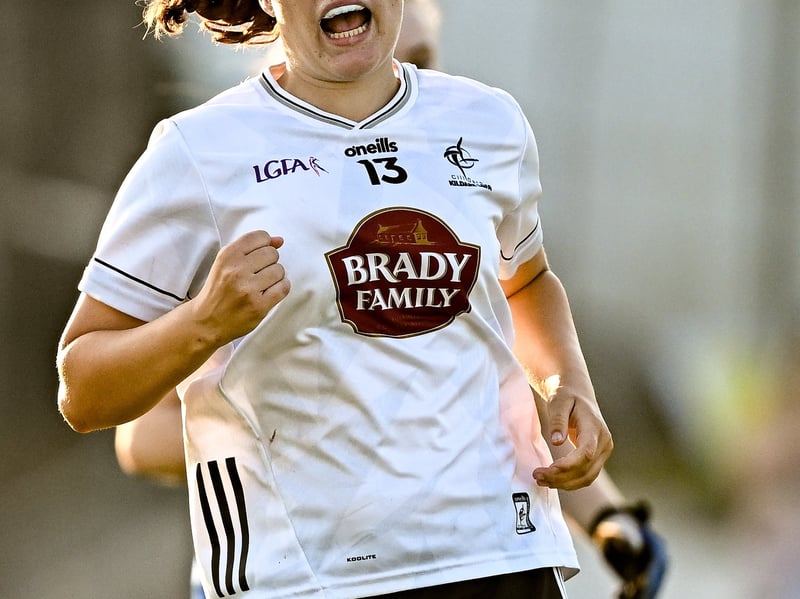 Catherine Murphy of Kildare celebrates after kicking a point during the 2026 AirNav Ireland All-Ireland U-16 A Championship final match between Cavan and Kildare at Páirc Chiarain in Westmeath. Photo by Seb Daly/Sportsfile