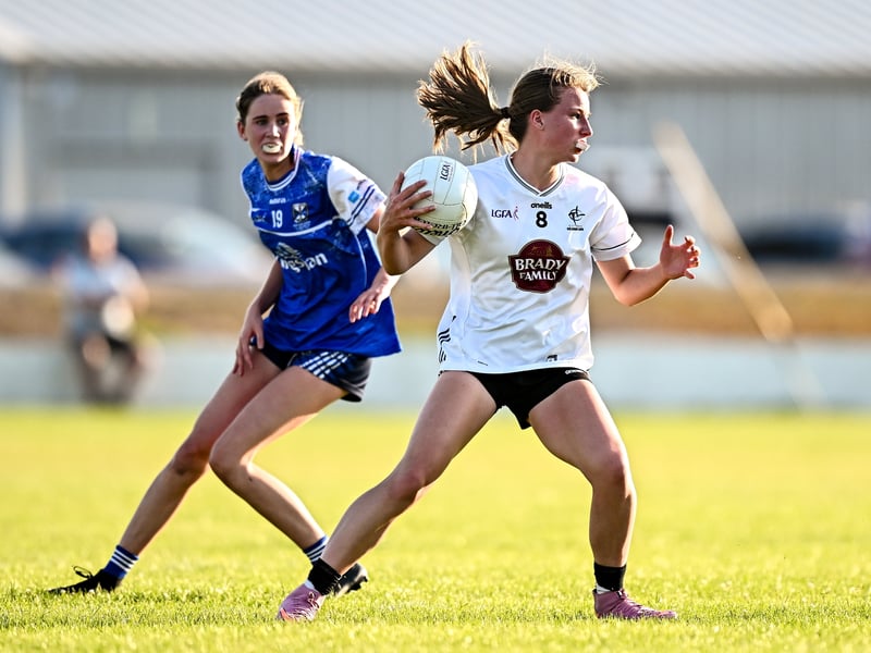 Lily Anne Keatley of Kildare in action against Sarah Jane Sherlock of Cavan during the 2026 AirNav Ireland All-Ireland U-16 A Championship final match between Cavan and Kildare at Páirc Chiarain in Westmeath. Photo by Seb Daly/Sportsfile