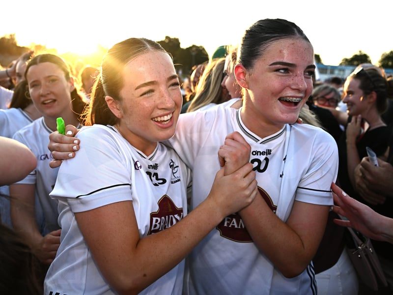 Kildare players Ellen Moran, left, and Ellen Moran celebrate after their side's victory in the 2026 AirNav Ireland All-Ireland U-16 A Championship final match between Cavan and Kildare at Páirc Chiarain in Westmeath. Photo by Seb Daly/Sportsfile