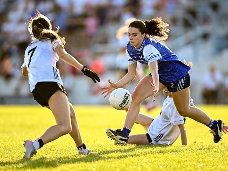 Ella McPhillips of Cavan gathers the ball during the 2026 AirNav Ireland All-Ireland U-16 A Championship final match between Cavan and Kildare at Páirc Chiarain in Westmeath. Photo by Seb Daly/Sportsfile