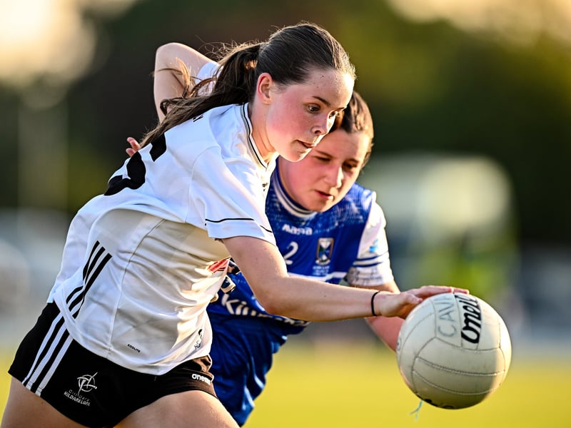 Anna Dillon of Kildare in action against Emma Cusack of Cavan during the 2026 AirNav Ireland All-Ireland U-16 A Championship final match between Cavan and Kildare at Páirc Chiarain in Westmeath. Photo by Seb Daly/Sportsfile