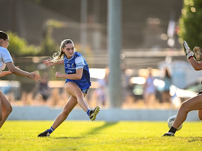 Sarah Crowe of Cavan shoots at goal, under pressure from Kildare players Amber Blake, left, and goalkeeper Sadie Burke, during the 2026 AirNav Ireland All-Ireland U-16 A Championship final match between Cavan and Kildare at Páirc Chiarain in Westmeath. Photo by Seb Daly/Sportsfile 