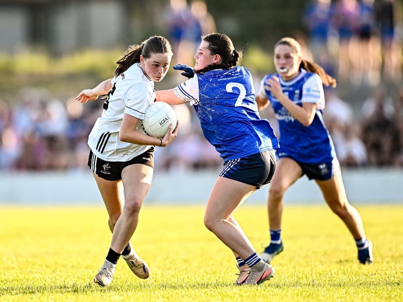 Anna Dillon of Kildare in action against Emma Cusack of Cavan during the 2026 AirNav Ireland All-Ireland U-16 A Championship final match between Cavan and Kildare at Páirc Chiarain in Westmeath. Photo by Seb Daly/Sportsfile