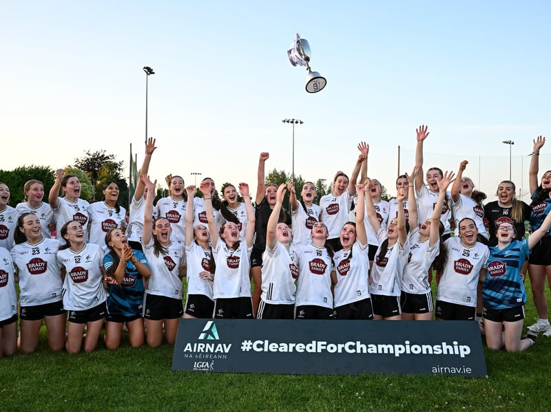 Kildare players celebrate with the trophy after their side's victory in the 2026 AirNav Ireland All-Ireland U-16 A Championship final match between Cavan and Kildare at Páirc Chiarain in Westmeath. Photo by Seb Daly/Sportsfile 