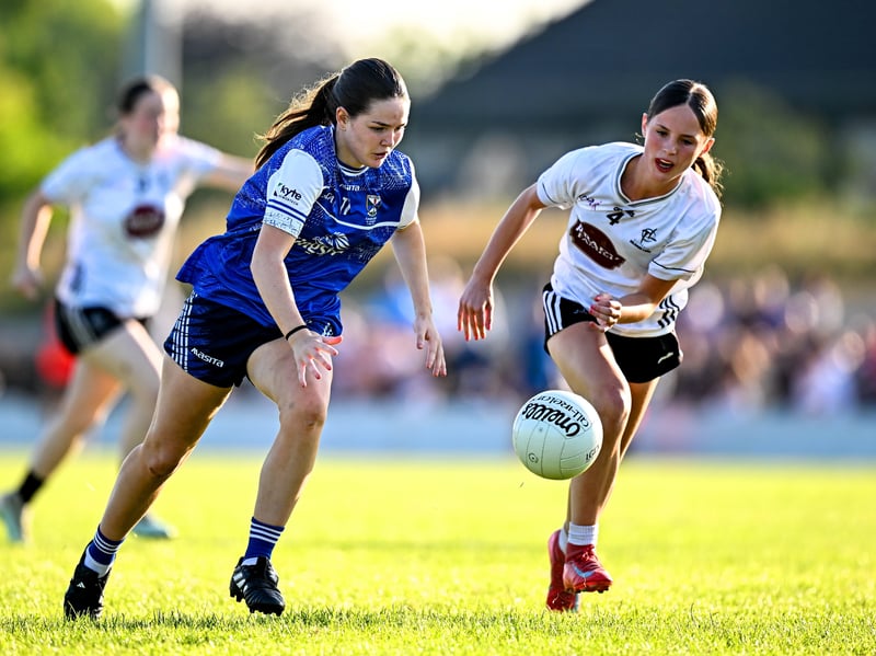 Doireann Brady of Cavan in action against Kayla Mooney of Kildare during the 2026 AirNav Ireland All-Ireland U-16 A Championship final match between Cavan and Kildare at Páirc Chiarain in Westmeath. Photo by Seb Daly/Sportsfile