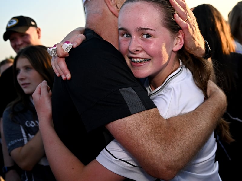 Anna Dillon of Kildare celebrates with supporters after the 2026 AirNav Ireland All-Ireland U-16 A Championship final match between Cavan and Kildare at Páirc Chiarain in Westmeath. Photo by Seb Daly/Sportsfile 