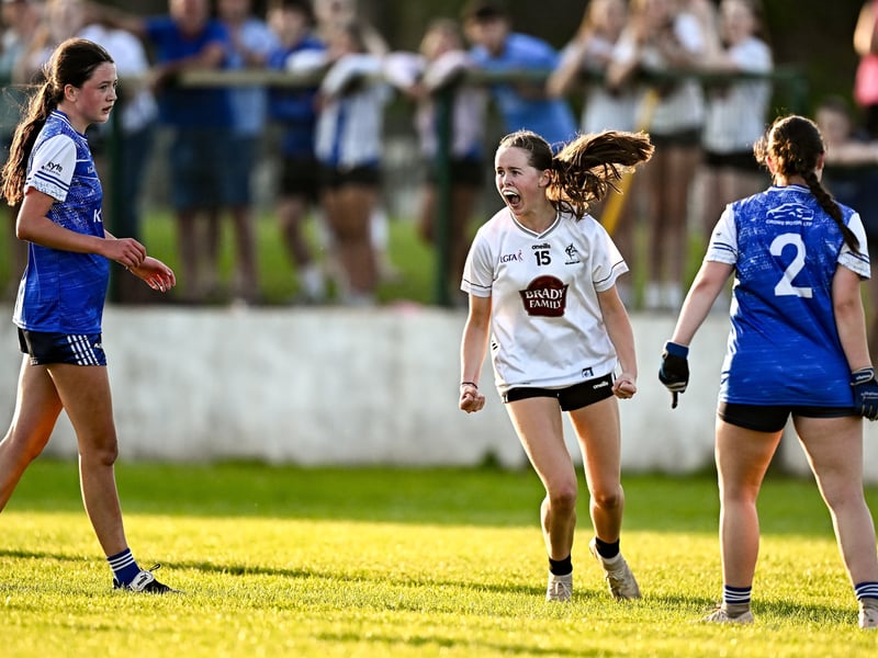 Anna Dillon of Kildare celebrates after scoring her side's first goal during the 2026 AirNav Ireland All-Ireland U-16 A Championship final match between Cavan and Kildare at Páirc Chiarain in Westmeath. Photo by Seb Daly/Sportsfile