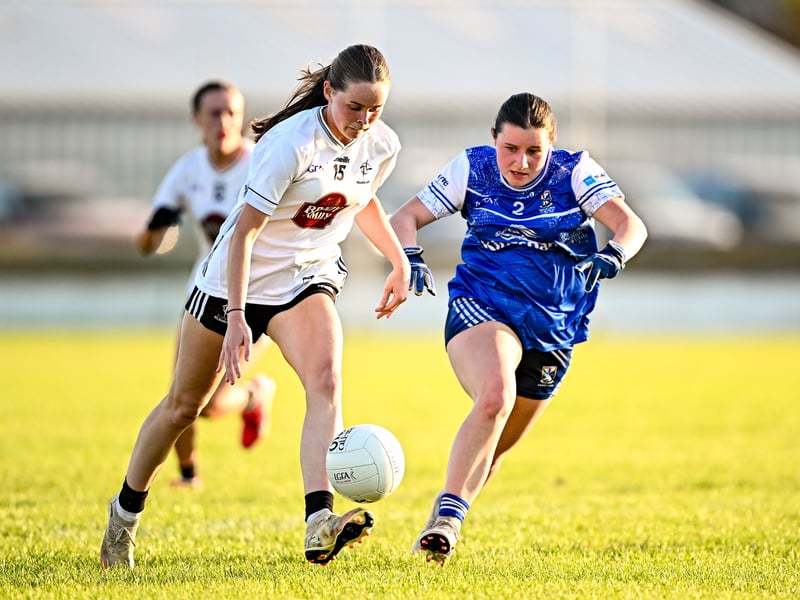 Anna Dillon of Kildare in action against Emma Cusack of Cavan during the 2026 AirNav Ireland All-Ireland U-16 A Championship final match between Cavan and Kildare at Páirc Chiarain in Westmeath. Photo by Seb Daly/Sportsfile