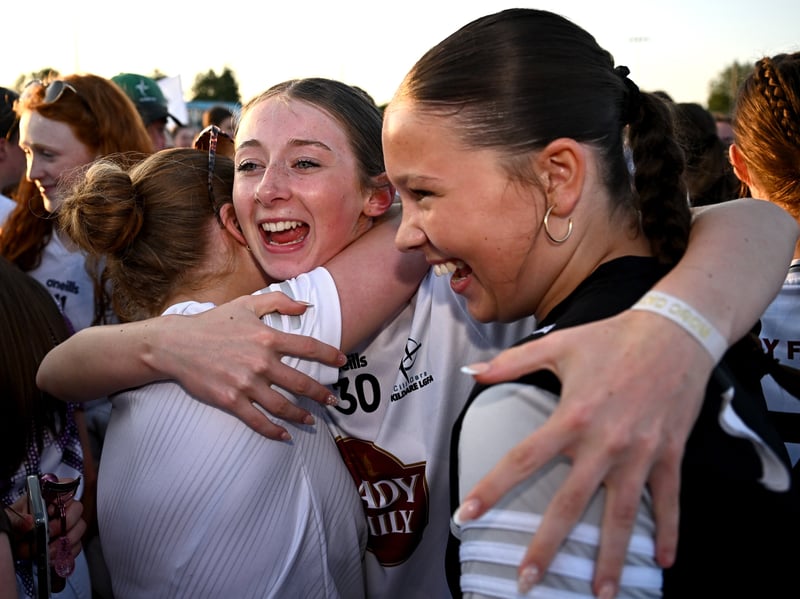 Róisín Kerins of Kildare celebrates with supporters after the 2026 AirNav Ireland All-Ireland U-16 A Championship final match between Cavan and Kildare at Páirc Chiarain in Westmeath. Photo by Seb Daly/Sportsfile
