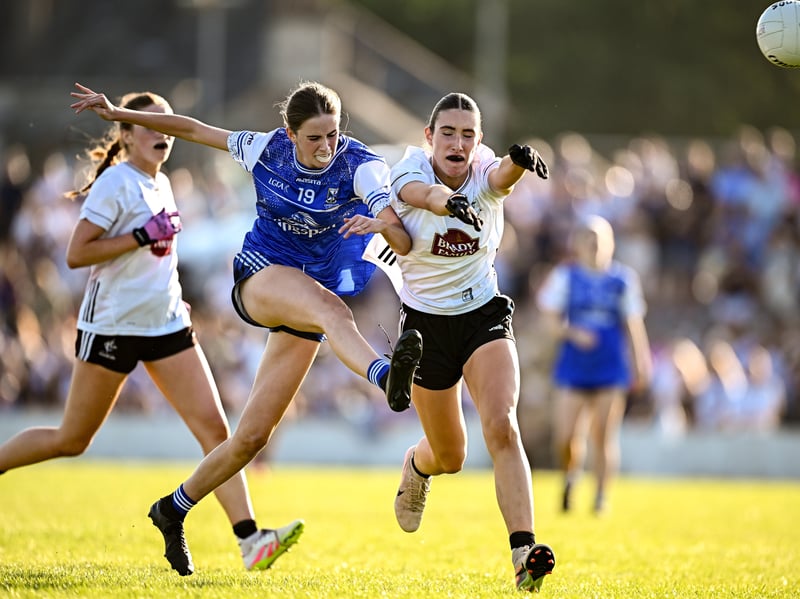 Sarah Jane Sherlock of Cavan in action against Sarianna Hannick of Kildare during the 2026 AirNav Ireland All-Ireland U-16 A Championship final match between Cavan and Kildare at Páirc Chiarain in Westmeath. Photo by Seb Daly/Sportsfile