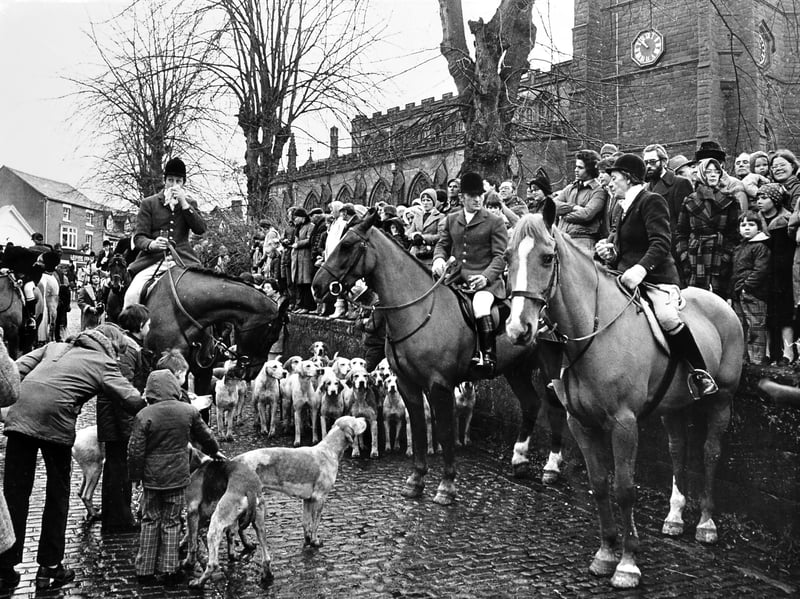 Members of the Albrighton Hunt gather for their traditional Boxing Day meet in Newport in 1979, watched by a large crowd. Pictured from left are joint master Mr Anthony Perry, huntsman Mr Richard Perry and joint master Mrs Barbara Perry. The annual meet was once a familiar part of the festive calendar. Do you remember seeing the hunt gather in Newport on Boxing Day?