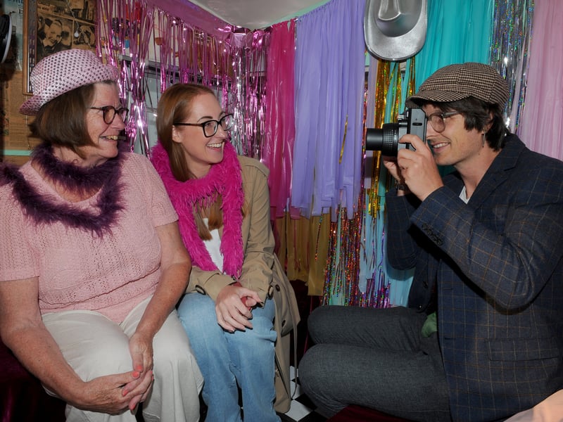 Mum and daughter Eileen and Michelle Wray photo with Mark Frith of Thelma The Retro Caravan photo booth