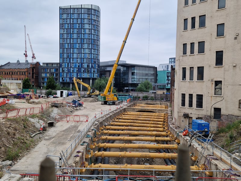 The by now familiar sight of yellow struts across the River Sheaf channel which is being 'daylighted'.