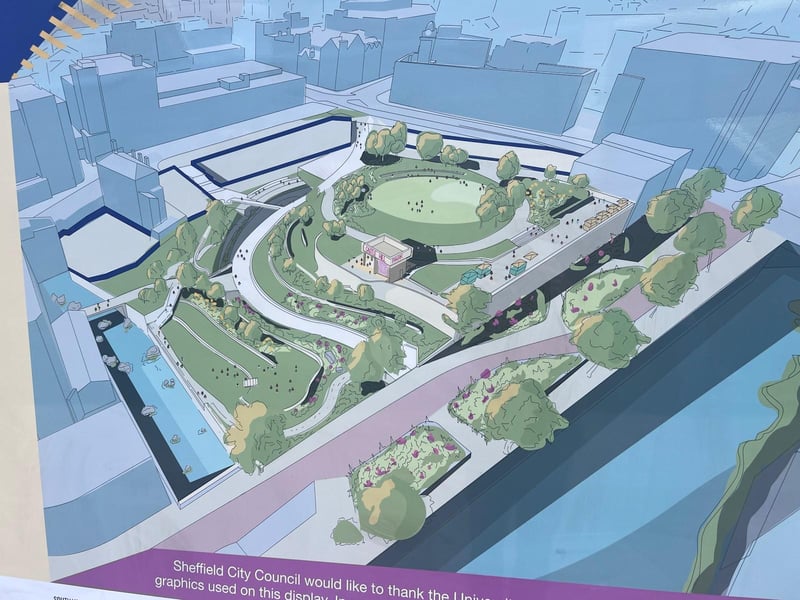 Image of the finished park with a green, a series of levels and the River Sheaf on show, bottom left.