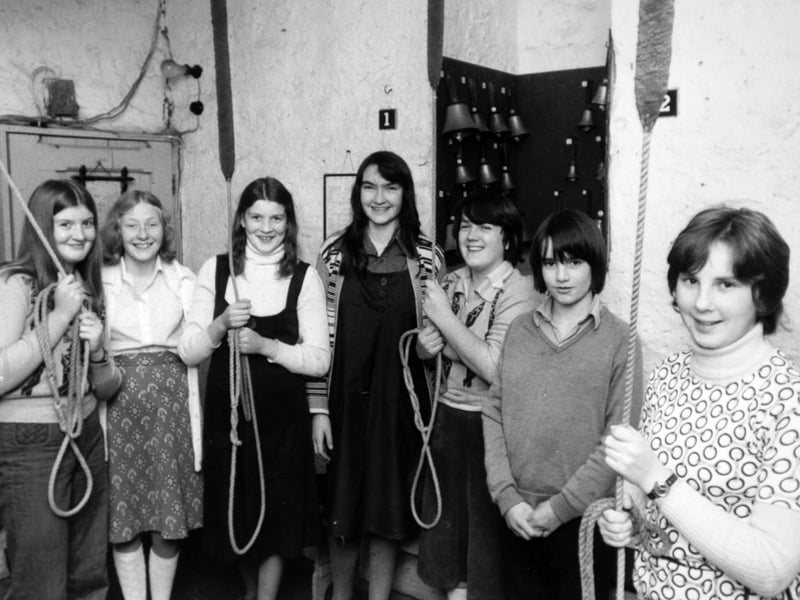 The bells of All Saint's Church at Bramham are heard in full cry every Sunday thanks to a group of 12 youngsters aged between 12 and 18. Pictured in October 1976.