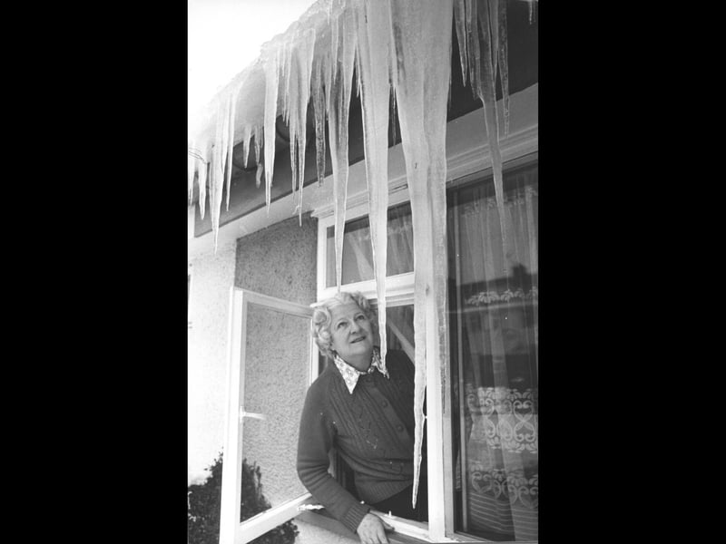 A chilly sight in Oswestry. Mrs Molly Hatfield shows off some of the longest icicles in town outside her Brookhouse Road home in January 1982, as the big freeze began to thaw. Do you remember the winter weather of 1982?