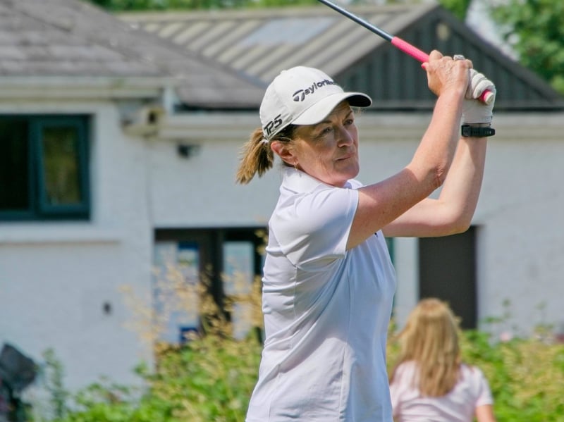Anne Flanagan, who was the overall winner for the second year in a row, driving off in the final round, at Naas Golf Club Lady Captain's  Prize 2026, Saturday, July 11