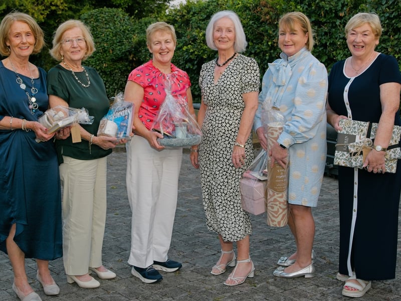 Prize-winners in the 9-hole Lady Captains Prize competition:  Day 1 R-Up, Eleanor O'Dwyer; Day 2 R-Up Betty Moore; Day 1 winner Margaret Carroll; 9-Hole winner Mary Ryan; Runner-up Pauline Sloane; 3rd prize Breda Flynn at Naas Golf Club Lady Captain's Prize 2026 presentations, Saturday night, July 11