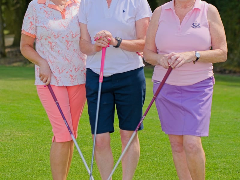 Anne Sheehan, Anne Flanagan who was the eventual winner, and Mary Shanley pictured as they go out in the final round at Naas Golf Club Lady Captain's  Prize 2026, Saturday, July 11