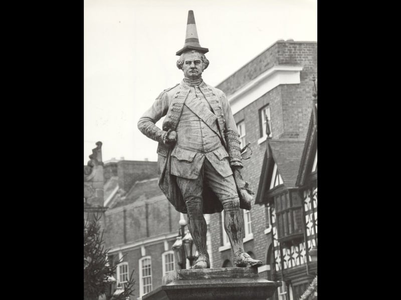 A cheeky addition to a Shrewsbury landmark. The statue of Robert Clive, also known as Clive of India, is pictured in The Square on December 29, 1982 - complete with an unexpected traffic cone perched on his head. Do you remember this unusual sight in the town centre?