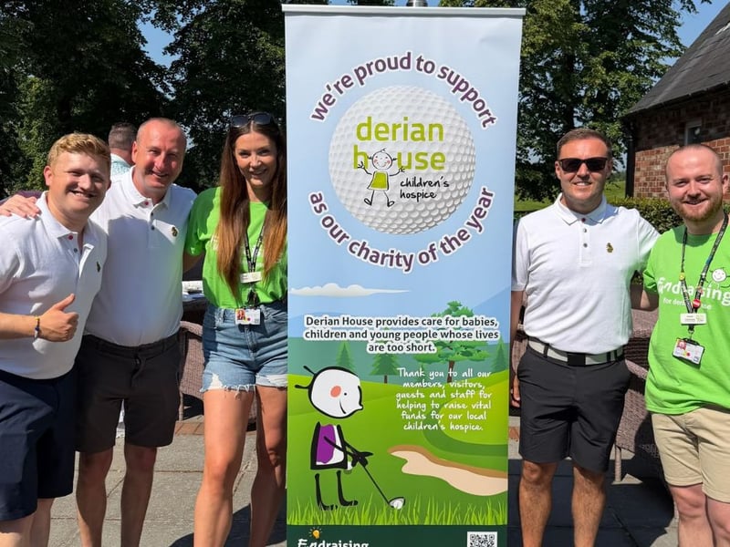 Corrie stars Alan Halsall, Andy Whyment and Sam Aston with Derian House representatives
