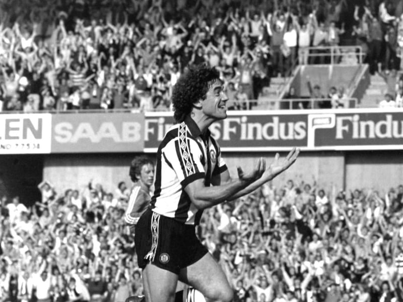Kevin celebrates towards the Gallowgate End after scoring the winning goal on his debut against Queens Park Rangers 44 years ago. (Photo by Danny Brannigan/Hulton Archive)