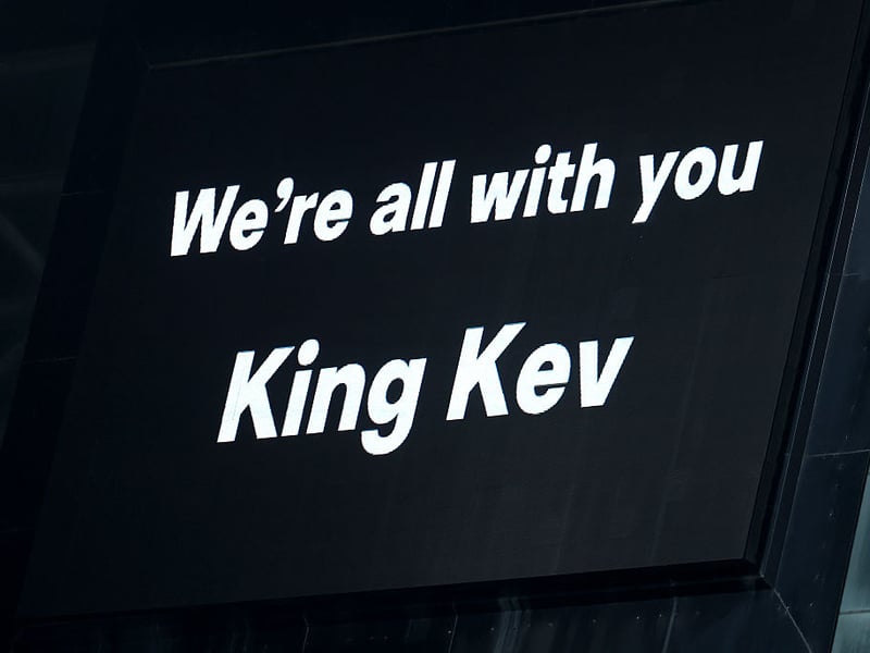 The LED board at St James' Park displayed a message in support of Kevin following the announcement of his cancer diagnosis.
The photo was taken during the Premier League match between Newcastle United and Leeds United in January this year. (Photo by Stu Forster/Getty Images)