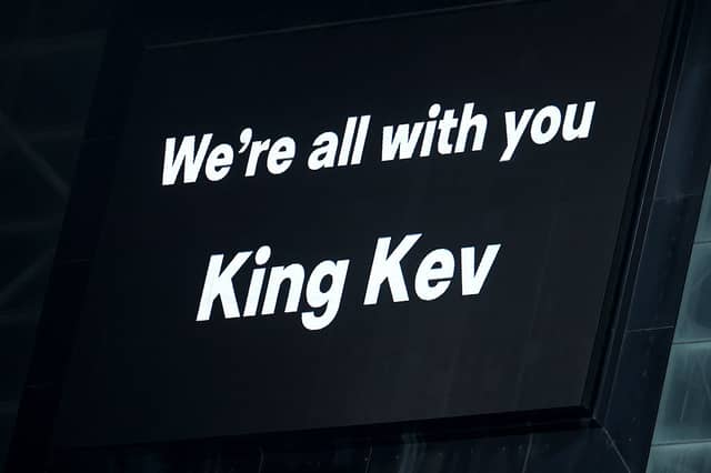 The LED board at St James' Park displayed a message in support of Kevin following the announcement of his cancer diagnosis.
The photo was taken during the Premier League match between Newcastle United and Leeds United in January this year. (Photo by Stu Forster/Getty Images)