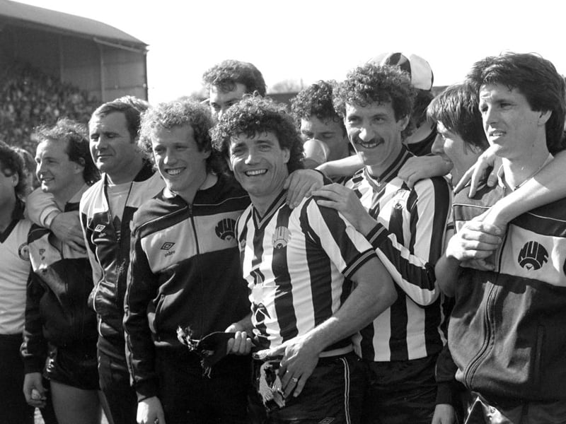 Kevin celebrates with Terry McDermott and team mates after their 4-0 victory over Derby County which all but sealed promotion to Division One in 1984. (Photo by Danny Brannigan/Hulton Archive)