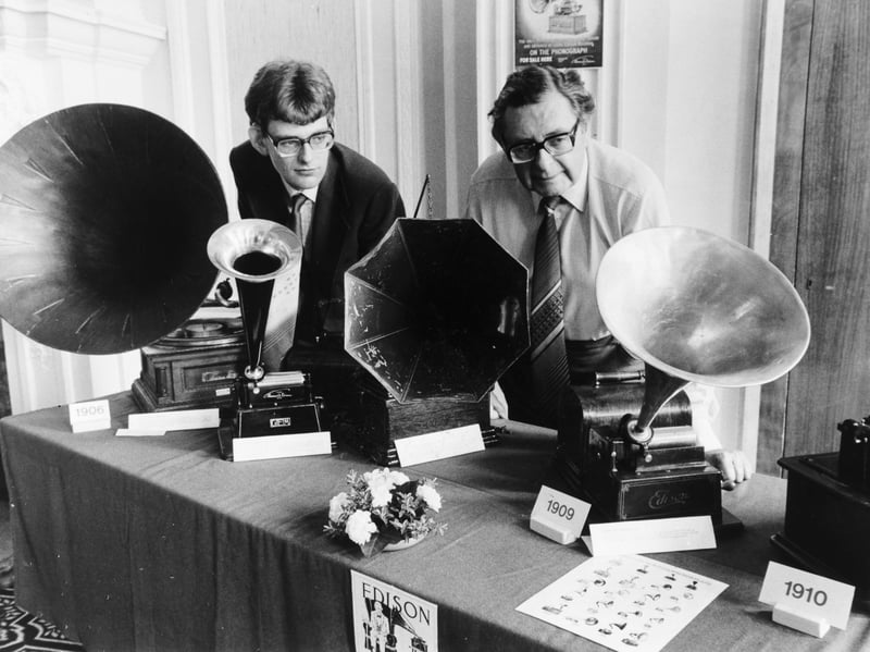 Bill Astin and his son, John, with part of their collection of phonographs, gramophones and music boxes as part of Harrogate's Centenary Celebrations. Pictured in July 1984.