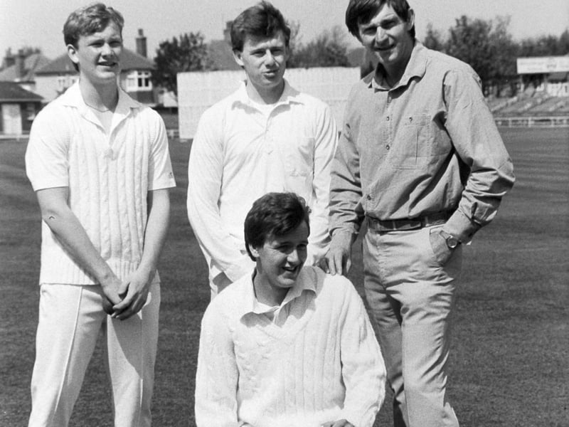 Ex Yorkshire paceman Chris Old, right, with three of Harrogate CC's younger bowlers, Matthew Smart, left, Ian Houseman, centre, and Matthew Yates. Pictured in May 1988.
