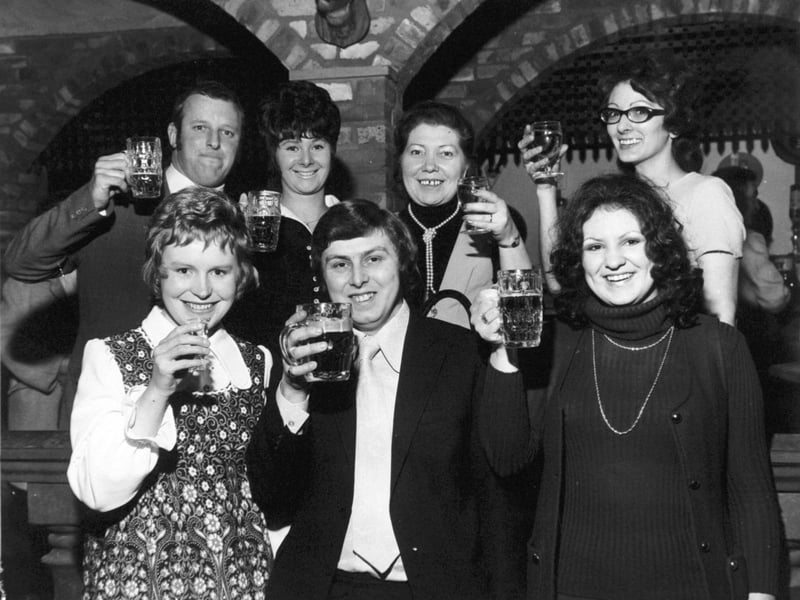 The infectious Oompah atmosphere of the Hofbrauhaus was caught by members of Women's Circle and their guests in April 1972.