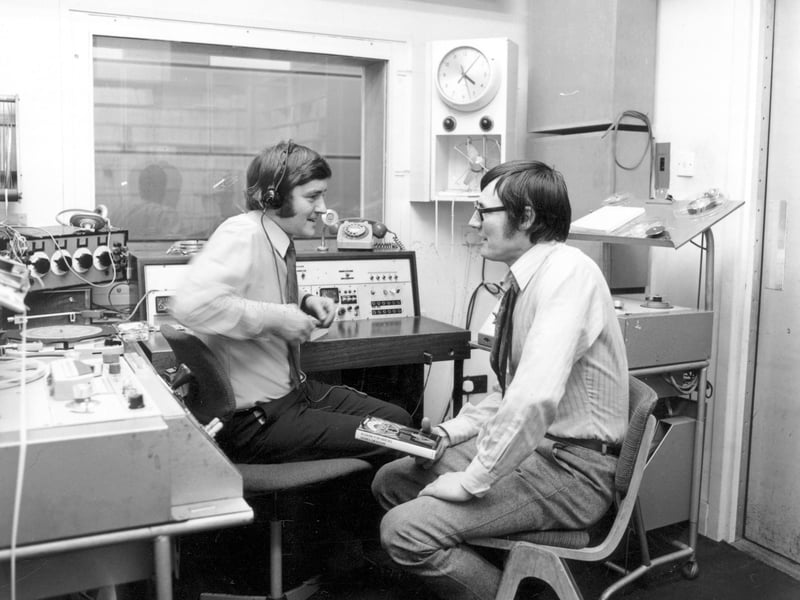 Studio 2 at Radio Leeds, which at this time was operating from the Merrion Centre. The interviewer, on the left, is Chris Hawksworth. Also seen in the studio is the writer Harry Patterson, more commonly known as Jack Higgins. Pictured in February 1971.