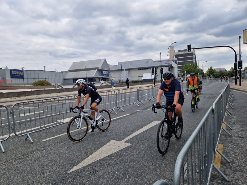 Riders make their way along Arundel Gate in the community ride along the Sheffield cycling grand prix route. Photo: David Kessen, Iconic Media