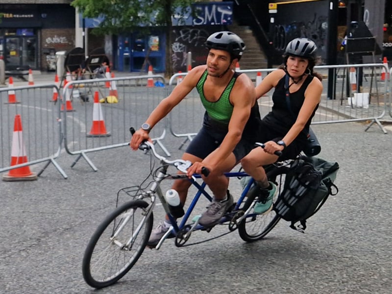 Riding the course of the Sheffield cycling grand prix on a tandem. Photo: David Kessen, Iconic Media